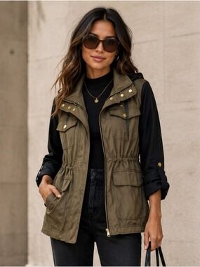 VINCE CAMUTO TWO TONE ANORAK TAB SLEEVE JACKET CARGO JACKET LIKE NEW MEDIUM